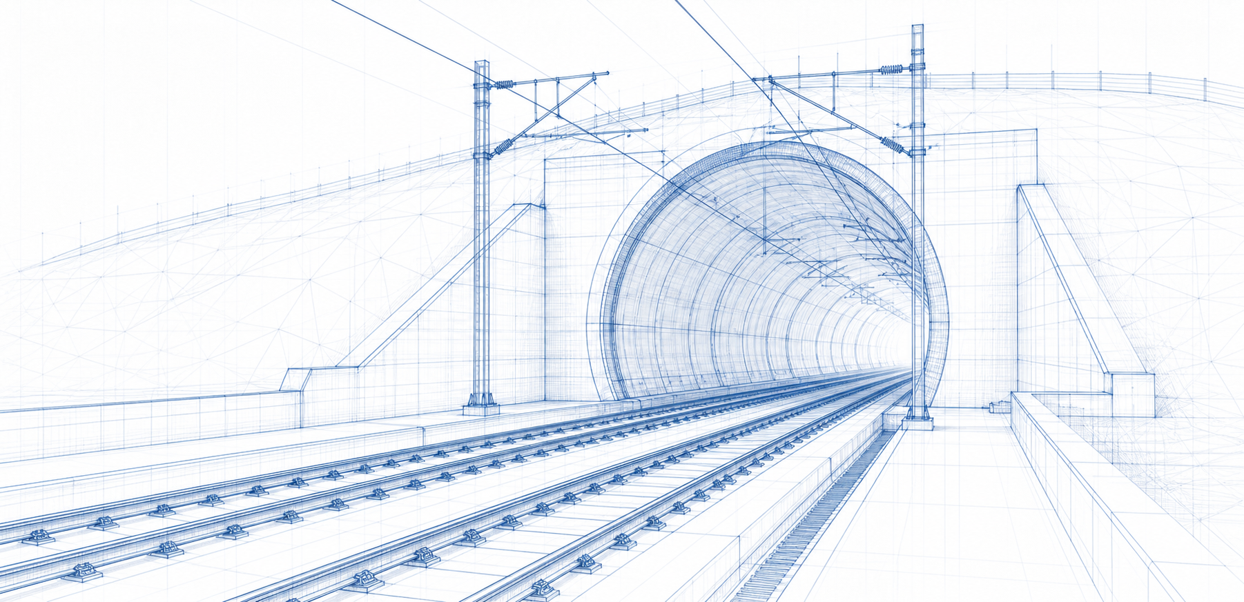 Blueprint line drawing of a railway tunnel entrance