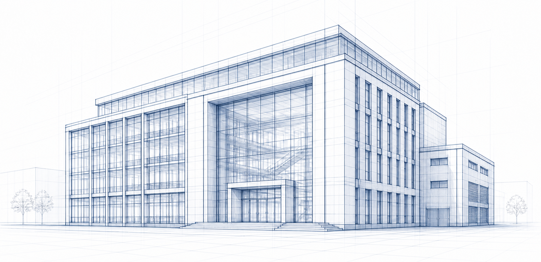 Blueprint line drawing of a multi-storey building