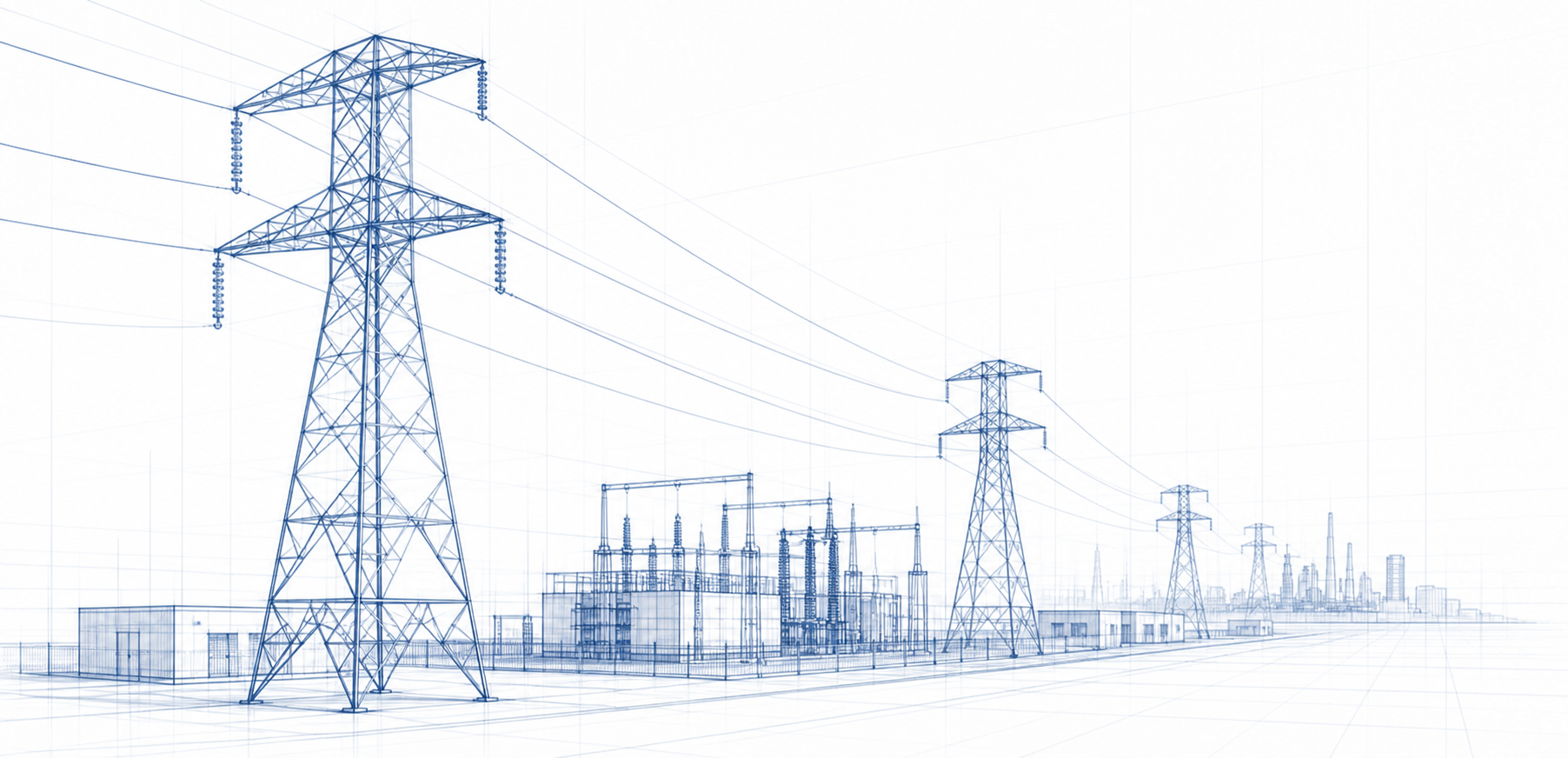 Blueprint line drawing of electricity transmission towers and substation
