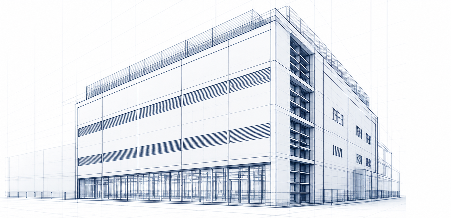 Blueprint line drawing of a multi-storey building with external staircases